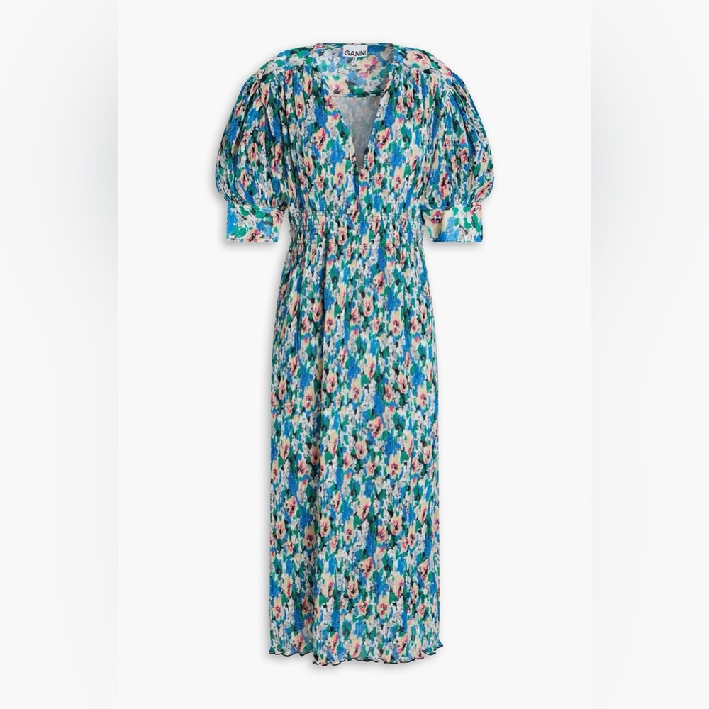 GANNI Floral-print plissé-georgette midi dress